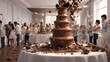 celebration party of a big chocolate cake on a white table 3d rendering illustration