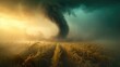 A huge tornado over an agricultural field. Disaster and threat of crop loss. Global climate change. Fields transformed into a chaotic aftermath by a tornado.