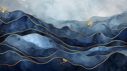 Wall Mural - Elegant abstract mountain background. Watercolor wallpaper with gold wavy lines, hill, sky and dark blue color. Luxury in blue tone design for banner, covers, wall art, home decor and invitation