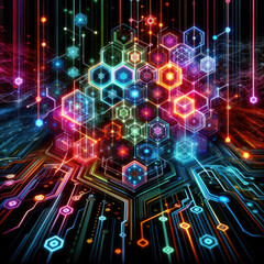Wall Mural - A colorful, abstract image of a computer network with many different colored squares. The image is meant to convey the idea of a complex and interconnected system