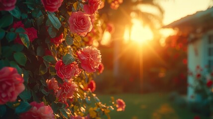 Wall Mural - The sun is painting the sky in vibrant hues as it dips below the horizon behind a blooming rose bush, casting a warm glow on the petals and leaves