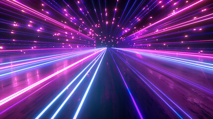 Wall Mural - Streaks of neon pink and blue light particles rushing forward, creating a sense of hyper-speed movement through space
