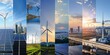 A collage of various renewable energy sources like solar panels and wind turbines. 