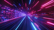 A high-speed journey through a tunnel of vibrant neon light trails, simulating a hyperspace jump in outer space