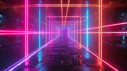 Wall Mural - Neon-Lit Futuristic Corridor Perspective View
