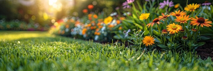 Wall Mural - A vibrant row of colorful flowers blooming in the lush green grass, creating a mesmerizing display of natures beauty