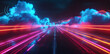 Under a cosmic sky, neon-tinged clouds hover above an electrified highway with vibrant streaks of light, crafting a scene of digital fantasy