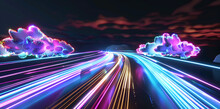 Neon Light Trails With Glowing Clouds On Night Sky
