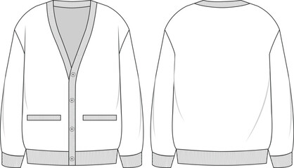 Wall Mural - Knitted cardigan. Unisex V-neck button-fly pocket sweater. Vector technical sketch. Mockup template.