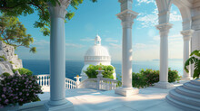 3d Render From Imagine White Dome Roman In Classic Italy Style Sea View From Terrace In Pavilion.