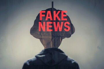 Wall Mural - A human silhouette stands with a sign reading fake news perched on their head, symbolizing the deceptive nature of misinformation in the media