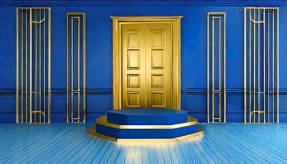 Blue podium in a blue empty room with a large door background. Generative AI.