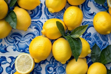 Wall Mural - A cluster of vibrant yellow lemons resting on a decorative blue and white plate