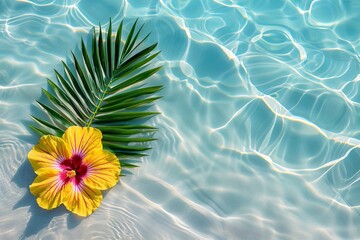 Wall Mural - A vibrant hibiscus yellow flower delicately rests on the calm surface of a clear blue pool, reflecting the bright sun above