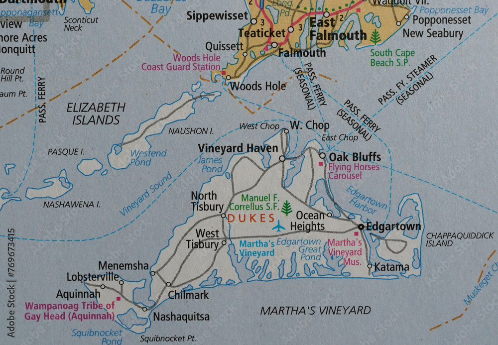 Map of Martha's Vineyard and the ferry routes from Cape Cod