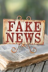 Wall Mural - A fake news sign is placed prominently on a wooden table, challenging the authenticity of the information presented