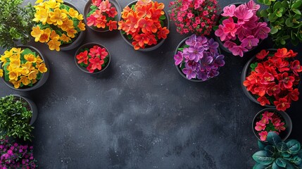 Poster - A vibrant group of potted flowers adorn a table, their colorful petals swaying gently in the breeze