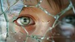 Closeup of a childs eyes, reflecting a story of curiosity and adventure, seen through broken glass , 3D illustration