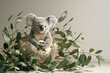 Koala joey emerging from egg amid spring eucalyptus, minimalist design , 3D illustration