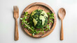 Green earth placed on a wooden plate, fork and wooden spoon on white background. generative ai