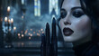 A captivating display of luxurious makeup cosmetics with a gothic woman's portrait, set against a backdrop of candles and stained glass
