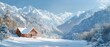 Snow-covered chalet, oil paint style, nestled in mountains, clear noon, wide lens.