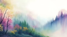 Foggy Autumn Landscape With Colorful Forest And Mountains. Digital Art Painting