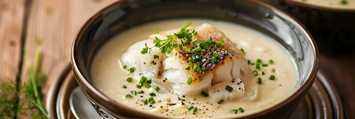Wall Mural - Creamy Fish Soup in a Rustic Bowl on a Wooden Table with Fresh Herbs and Spices