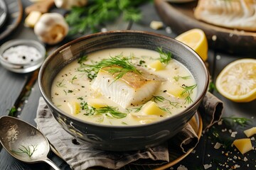 Wall Mural - Delectable Cream of Fish Soup with Lemon and Fresh Herbs in Rustic Wooden Bowl