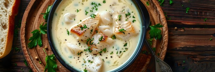 Wall Mural - Deliciously Creamy Fish Soup Served in a Wooden Bowl with Fresh Parsley and Crusty Bread on a Rustic Table