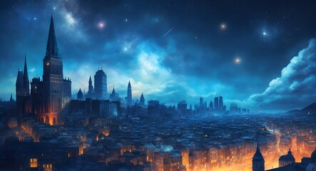 Wall Mural - Night scene of the modern city with illuminated skyscrapers.