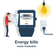 © hvostik16 - Energy bills. Man paying utilities. Concept of invoice and electricity meter. Electricity bills. Check for payment in hand. Vector illustration flat design. Isolated on background.