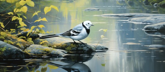 Wall Mural - A seabird with a sharp beak is perched on a rock by a serene lake, creating a picturesque natural landscape in which wildlife and art converge