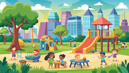 Wall Mural - kindergarten or kids playground in city park vect 