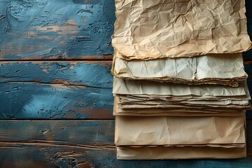 Poster - A neat stack of brown paper rests atop a sturdy wooden table, exuding a simple yet elegant charm. The combination of textures creates a calming and natural aesthetic