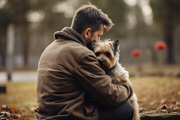 Wall Mural - Generative AI picture of christian man with dog mourning at a funeral in a cemetery