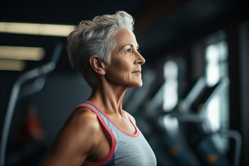 Poster - Mature people woman man practicing in spacious gym space active healthy way of life Generative AI picture