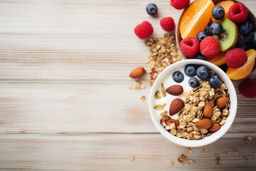 Poster - AI generated image of woman hold bowl with fruits and cereals healthy eating concept