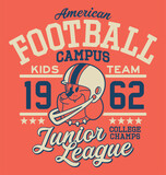 Fototapeta Koty - Cute bulldog American football campus junior league  vintage vector print for children wear 