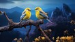 A pair of birds sitting on the branch, background of snow capped mountain