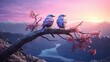 A pair of birds sitting on the branch, background of snow capped mountain