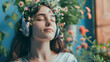 Young beautiful woman enjoying music in headphones, beautiful music personified by flowers blooming out of headphones. Spring mood. Concept of good mood and psychological health