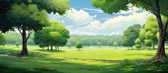 Wall Mural - A natural landscape painting of a sunny day in a park, with lush grass, tall trees, and fluffy clouds scattered across the blue sky