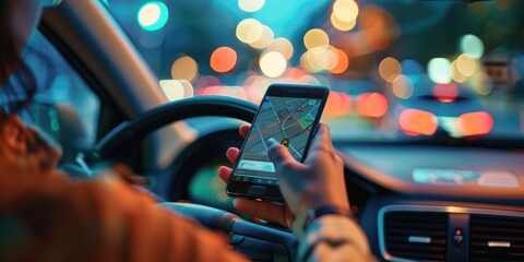 Wall Mural - A person using a smartphone to navigate with GPS while driving. 