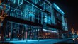 Night architecture  building with glass facade.Blue color of night lights. Modern building in business ,Pattern of office buildings windows illuminated at night. Glass architecture ,corporate building