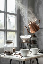 A Coffee Filter Dripping Hot Water Into The Mug, With A Copper Pot Pouring From Above And Steam Rising Off Of It, On Top Of An Antique Stand