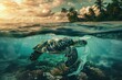 World ocean pollution, Turtle and plastic bags underwater. Generative AI