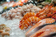 Seafood displayed on ice at a fish market