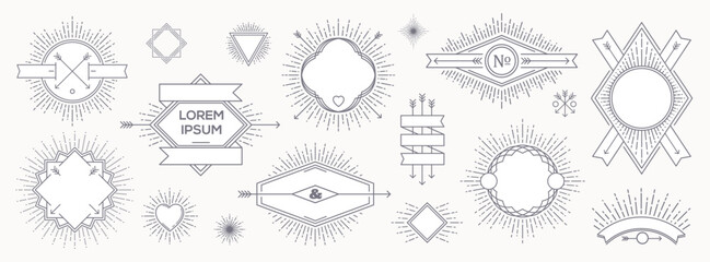 Canvas Print - Set of outline heraldic emblems and  labels with sunburst rays. Vector illustration.