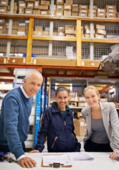 Aufkleber - Business people, management and portrait of team in warehouse with check up, quality control and inspection. Inspector, women and man for supply chain, logistics career and collaboration in factory